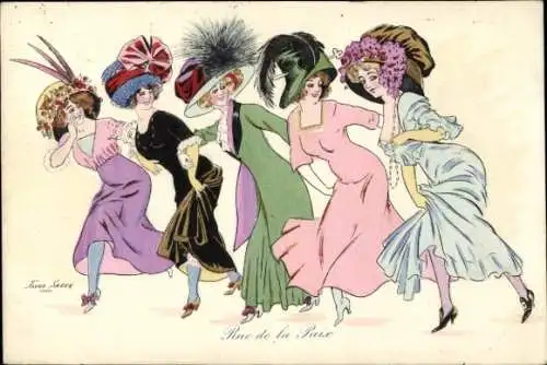 Künstler Ak Fünf Frauen, Französische Mode, Hut, Kleid