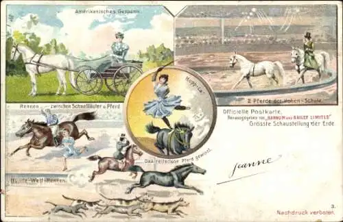 Litho Zirkus Schaustellung Barnum & Bailey, Pferdedressur, amerikan. Gespann, Rennen Pferd u. Läufer