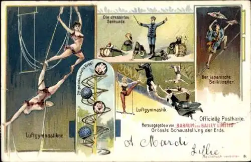 Litho Barnum and Bailey Limited, Zirkus, Luftgymnastiker, dressierte Seehunde, Seilkünstler