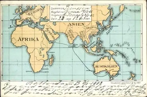 Landkarten Litho Kontinente, Afrika, Europa, Australien, Dampfer-Fahrt
