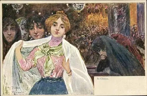 Künstler Litho Betende Frauen in der Kirche, Portrait