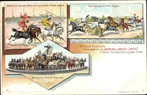 Litho Zirkus, Barnum and Bailey Ltd, Tandem Hürden Rennen, römische Reiter, Pferdepyramide