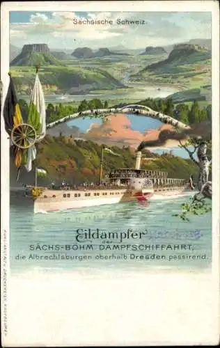 Litho Dresden Loschwitz, Albrechtssburgen, Eildampfer sächs. bohm. Dampfschifffahrt, Sächs. Schweiz