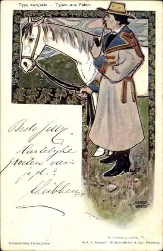 Künstler Litho Wachtel, Wilhelm, Mann in polnischer Tracht, Pfeife, Pferd