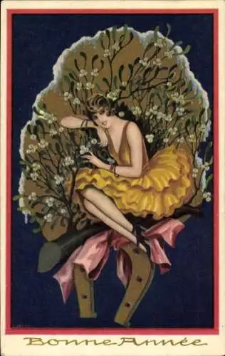 Ak Glückwunsch Neujahr, Frau in gelbem Kleid, Hufeisen, Mistelzweige