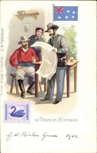 Briefmarken Litho Australian, Post, Postbote liest aus der Zeitung vor