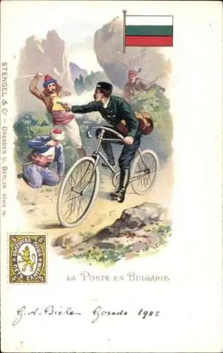 Briefmarken Litho Bulgarisch, Post, Briefträger auf Fahrrad mit Pistole, Trachten