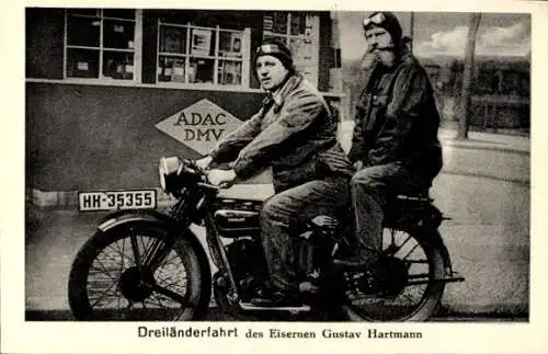 Ak Dreiländerfahrt des Eisernen Gustav Hartmann, Motorrad, Kennzeichen HH 35355, ADAC