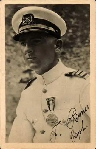 Ak Kapitän Franz Romer, Klepper Faltboot, Erste Überquerung des Atlantiks 1928, Portrait, Faksimile