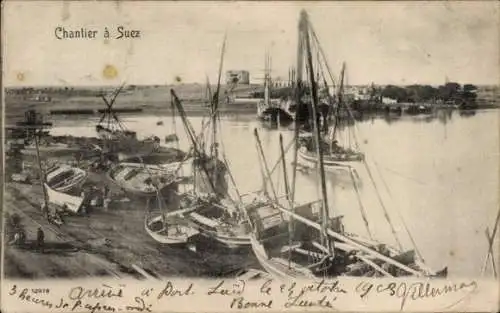 Ak Suez Ägypten, Boote am Ufer
