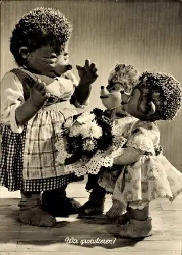 Ak Mecki der Igel, Wir gratulieren, Igelkinder, Igelfrau