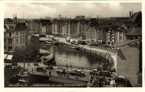 Ak Kaliningrad Königsberg Ostpreußen, Krämerbrücke mit alten Hafenspeichern