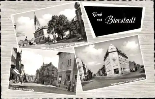 Ak Bierstadt Wiesbaden in Hessen, evangelische Kirche, Schule, Denkmal, Poststraße