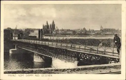 Ak Mainz am Rhein, Blick vom Damm, Brücke