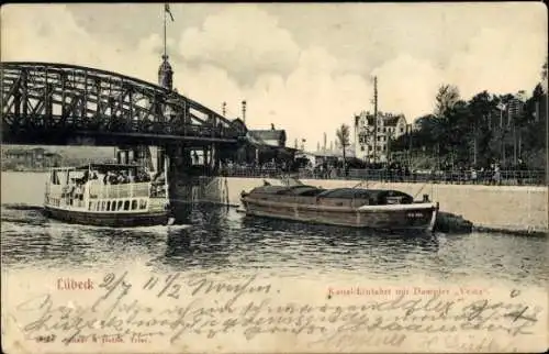 Ak Lübeck, Kanal-Einfahrt, Brücke, Dampfer "Vesta"