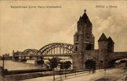 Ak Mainz am Rhein, Kaiserbrücke, Linie Mainz-Wiesbaden