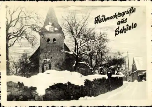 Foto Ak Schielo Harzgerode am Harz, Weihnachtsgrüße, verschneiter Ort im Winter