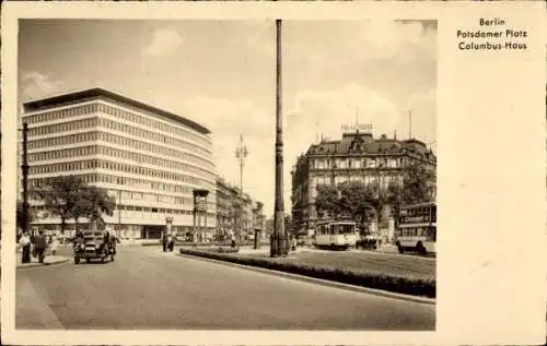 Ak Berlin Tiergarten, Potsdamer Platz , Columbushaus, Straßenbahn