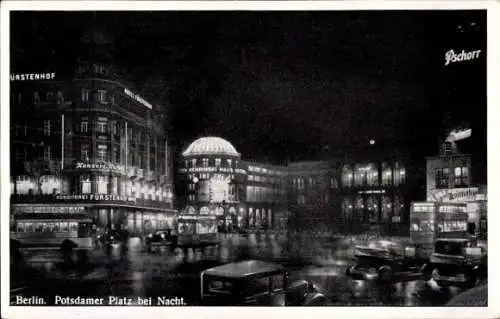 Ak Berlin Tiergarten, Potsdamer Platz bei Nacht, Fürstenhof, Kempinski Haus