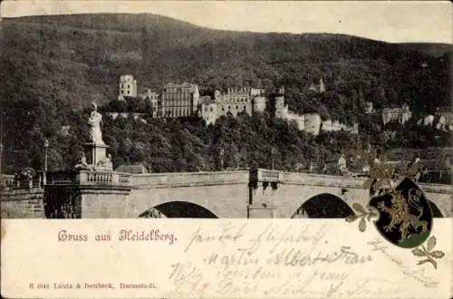 Ak Heidelberg am Neckar, Teilansicht, Wappen, Brücke, Statue