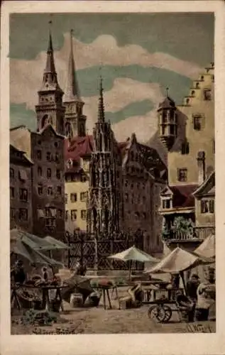Ak Nürnberg in Mittelfranken, Schöner Brunnen, Kirchtürme