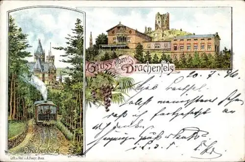 Litho Königswinter am Rhein, Drachenfels, Ruine, Restaurant, Drachenburg, Zahnradbahn