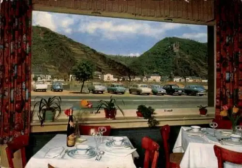 Ak St. Goar am Rhein, Burg Rheinfels, Hotel Zum goldenen Löwen, Blick durch Fenster, Esstisch