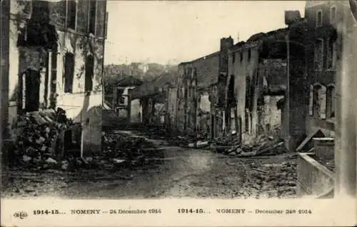 Ak Nomeny Meurthe et Moselle, zerstörte Gebäude, 24. Dezember 1914