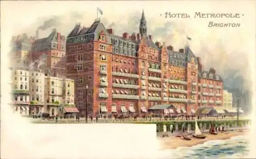 Litho Brighton South East England, Hotel Metropole, beach