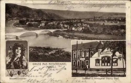 Ak Niederemmel Piesport an der Mosel, Gesamtansicht, Moselblümchen, Gasthof und Metzgerei