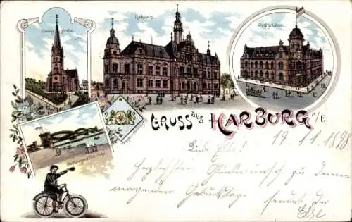 Litho Hamburg Harburg, Evangelische Kirche, Rathaus, Postgebäude, Radfahrer, Wappen