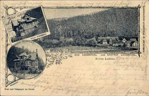 Litho Luisenthal im Thüringer Wald, Panorama, Gasthof Luisenthal, Villa Kienberg, Waldmühle