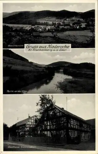 Ak Niederorke Vöhl am Edersee Hessen, Gesamtansicht, Gasthaus Krümmelbein