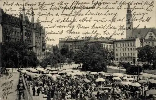 Ak Szczecin Stettin Pommern, Grüne Schanze, Marktstände