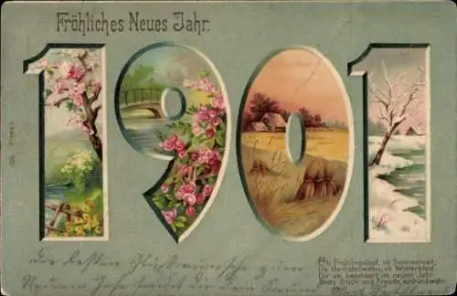 Ak Glückwunsch Neujahr, Jahreszahl 1901, Vier Jahreszeiten