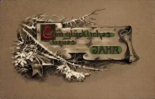 Präge Ak Glückwunsch Neujahr, Zweig, Blätter, Blumen