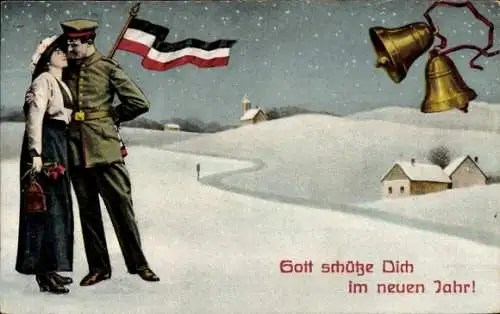 Ak Glückwunsch Neujahr, Liebespaar, Glocke, Soldat