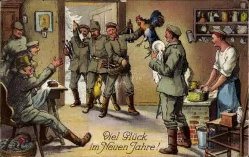 Künstler Ak Glückwunsch Neujahr, Deutsche Soldaten, Vorbereitung zur Silvesterfeier