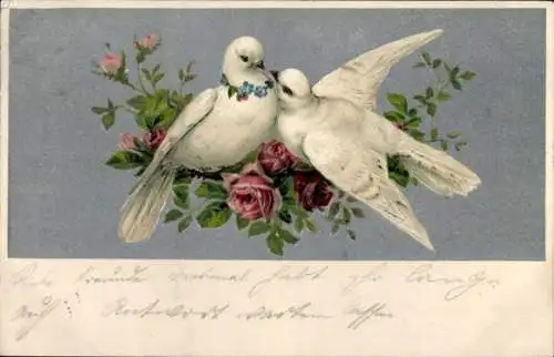 Präge Litho Turteltauben, Rosen, Kitsch