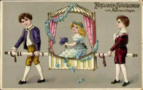 Ak Glückwunsch Namenstag, Jungen, Trage, Mädchen, Blumen