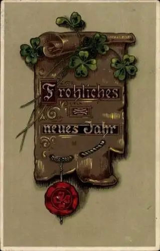 Präge Ak Glückwunsch Neujahr, Glücksklee, Siegel