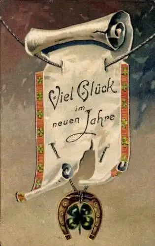 Präge Ak Glückwunsch Neujahr, Glücksklee, Hufeisen