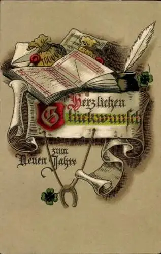 Präge Ak Glückwunsch Neujahr, Hufeisen, Bücher, Hufeisen, Geldsack