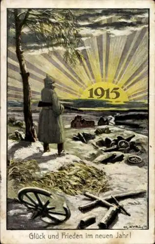 Künstler Ak Kvaz, Fröhliches Neujahr 1915, Glück und Frieden, Soldat auf dem Schlachtfeld, 1. WK