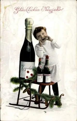 Ak Glückwunsch Neujahr, Kind, Sektflaschen, Schlitten