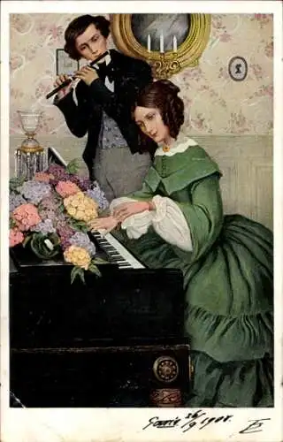 Ak Junge Frau am Klavier, Blumen, Mann spielt Flöte