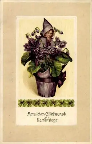 Präge Ak Glückwunsch Namenstag, Kind und Blume im Blumentopf