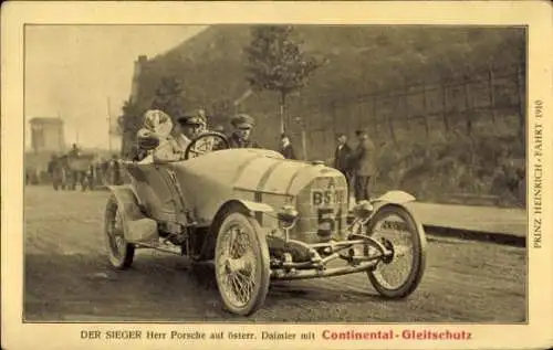 Ak Prinz Heinrich Fahrt 1910, Sieger Herr Porsche auf österr. Daimler mit Continental Gleitschutz