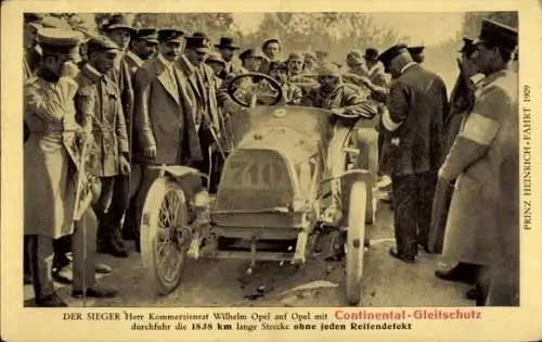 Ak Prinz Heinrich Fahrt 1909, Sieger Wilhelm Opel mit Continental Gleitschutz