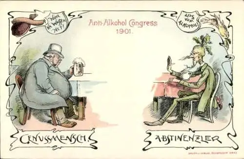 Litho Anti Alkohol Kongress 1901, Genussmensch, Abstinenzler